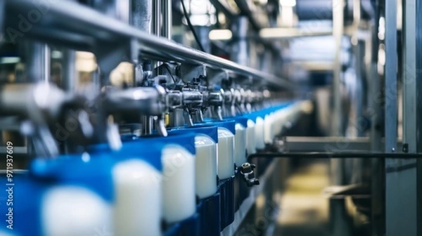 Fototapeta Milking process with automated machinery, close-up shot of dairy farm operations,