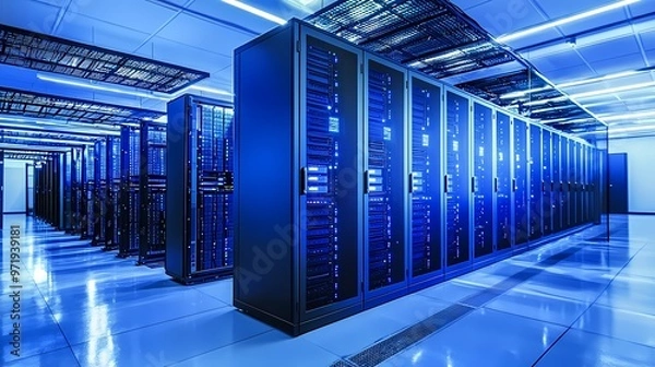Obraz Futuristic data center with sleek server racks and glowing blue lights.