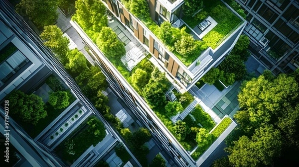Fototapeta Aerial View of Modern Buildings with Green Roofs and Landscaping