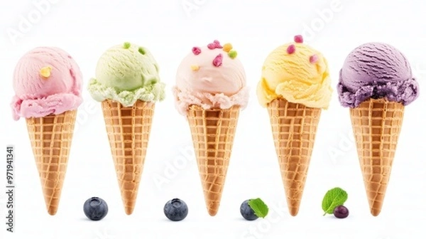 Fototapeta A row of ice cream cones with different flavors and toppings