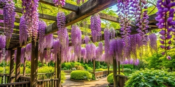 Fototapeta Vibrant purple wisteria flowers cascade down a traditional Japanese wooden lattice trellis, surrounded by lush green foliage, in a serene and idyllic garden setting.