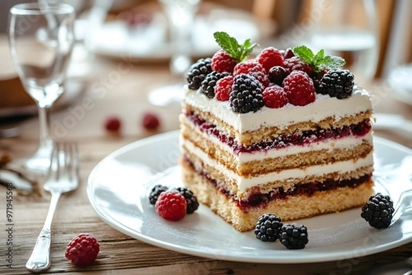 Obraz Cozy Elegance: Layered Cake with Berries and Nuts