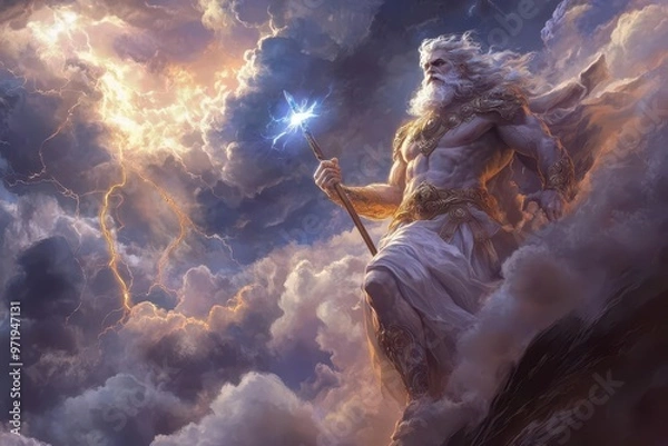 Obraz Zeus towering over Mount Olympus, holding his thunderbolt, with clouds swirling around him and lightning crackling through the sky