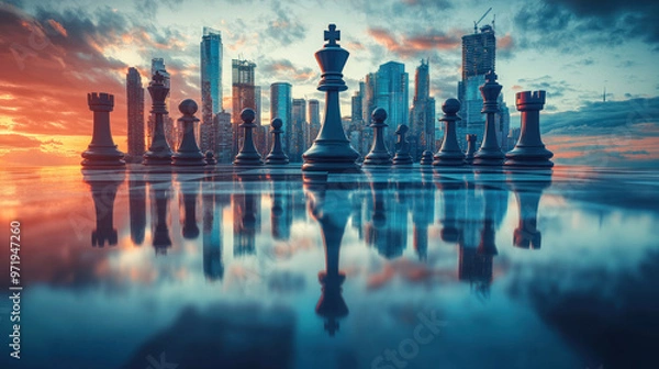 Fototapeta Giant chess pieces reflect against city skyline at sunset, creating striking visual contrast. scene evokes sense of strategy and competition..