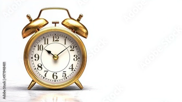 Obraz A classic gold alarm clock on a clean white background, symbolizing time management, punctuality, and daily routines.