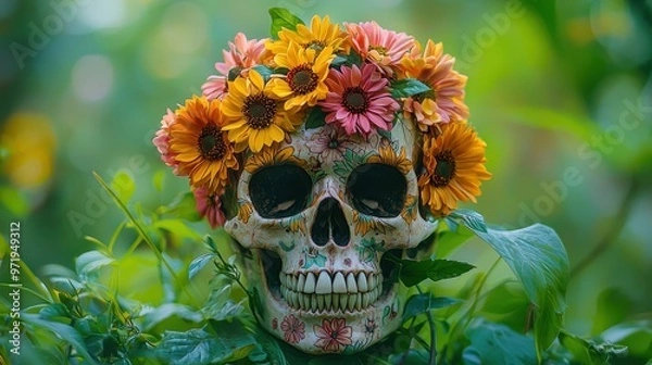 Obraz A decorated skull surrounded by vibrant flowers in a lush green setting.