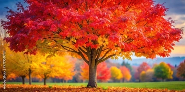 Fototapeta Vibrant red and yellow autumn leaves on a tree , Fall, foliage, seasonal, vibrant, colorful, nature, outdoors, vibrant