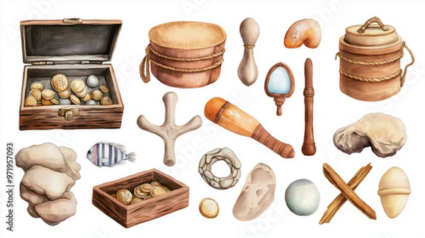 Fototapeta A collection of vintage treasures, including various boxes and objects that evoke nostalgia and creativity.