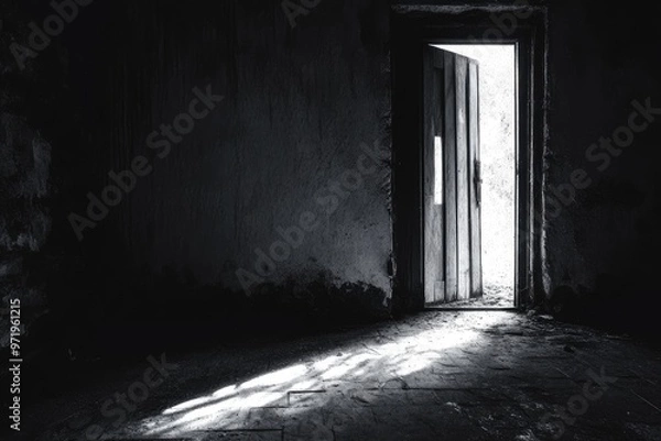 Fototapeta A Sunbeam Illuminates the Floor of a Dark Room Through an Open Doorway