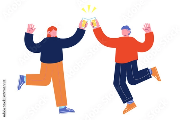 Fototapeta 飲み物を持ち乾杯をする若者たち。祝日を祝うパーティーを一緒に楽しむ陽気な友人達。漫画のキャラクターベクターイラスト