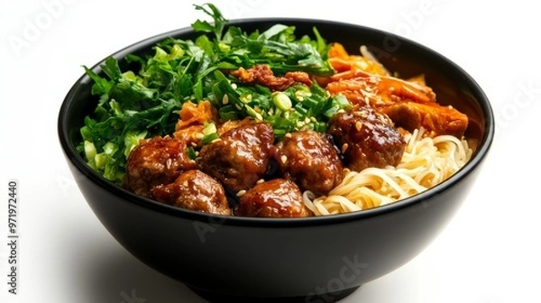 Fototapeta A close-up shot of a bowl of rice vermicelli noodles topped with braised pork meatballs, fresh greens, and a sprinkle of sesame seeds. The dish represents a combination of flavors and textures, offeri