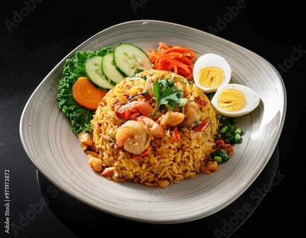 Obraz Asian fried rice nasi goreng with chicken, prawns, egg and vegetables