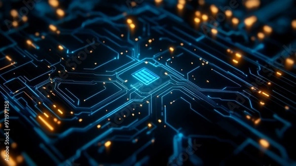 Fototapeta A futuristic digital art piece showcasing a close-up of a circuit board, with vibrant blue lines and glowing orange accents. It symbolizes technology, innovation, connectivity, and the power of artifi