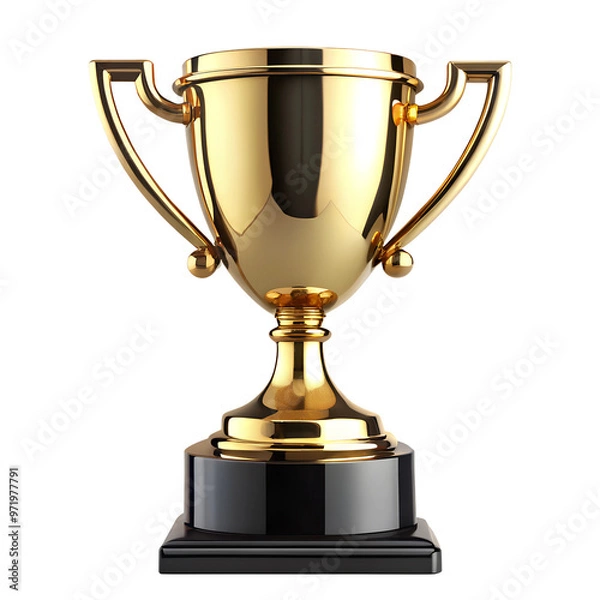 Fototapeta A golden trophy with two handles, standing tall on a black base, set against a transparent background | gold trophy cup
