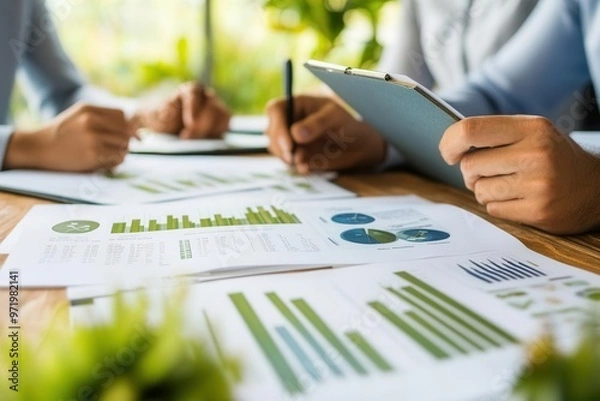 Fototapeta Team holding printed research on sustainable growth funds and analyzing market trends during a financial meeting, sustainable growth, investment planning