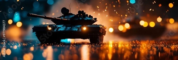 Fototapeta A powerful silhouette of a military tank and aircraft on a dark background with bokeh lights creating a dramatic and cinematic feel. The image symbolizes power, force, and the potential for conflict.