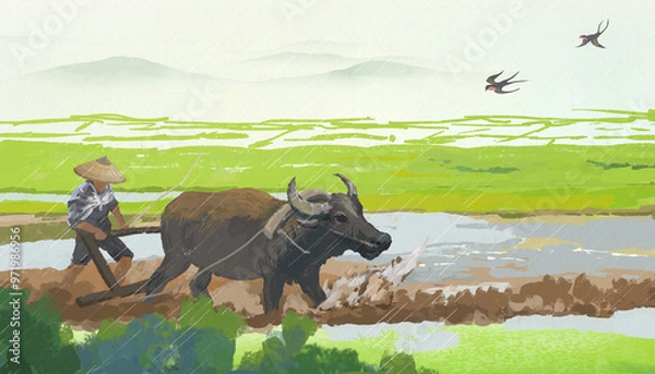 Obraz 农忙，牛耕地播种插画