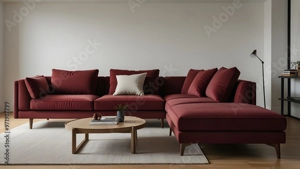 Obraz red maroon L-shaped sofa against a bright white backdrop, surrounded by light wood flooring in a modern