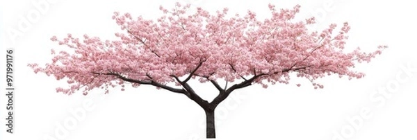 Fototapeta A vibrant, full-bloom pink cherry tree stands isolated against a pristine white background.  The delicate branches are laden with blossoms, symbolizing new beginnings, spring, beauty, fragility, and f