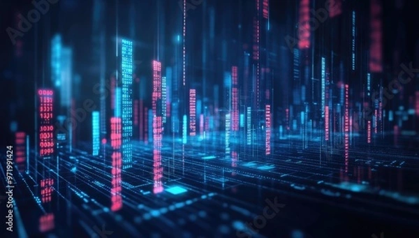 Fototapeta Abstract digital city with glowing blue and red lines, creating a futuristic cityscape.
