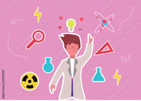 Fototapeta cientifica, profesora con bata de laboratorio de ciencias y matematicas con probeta tubo de ensayo y una gran idea, mujer de ciencia en vector