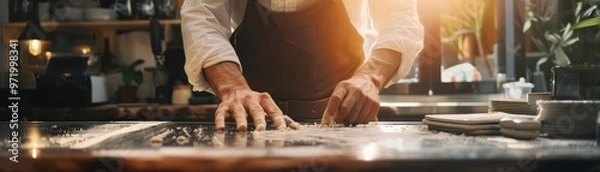 Fototapeta Chef's hands knead dough on a floured countertop with sunlight filtering through the kitchen. Culinary preparation in progress.