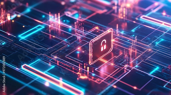 Fototapeta Futuristic digital network with a glowing headphone icon.