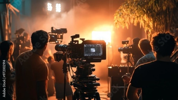 Fototapeta A film production set with a diverse cast and crew working together to create a movie