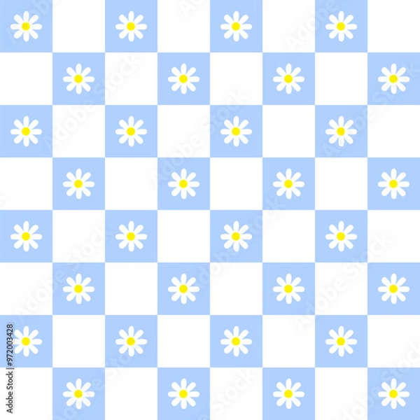 Obraz Flowers blue and white chess grid seamless pattern. White Daisy Flower. modern elements. flowers background design. Illustration 10 eps.