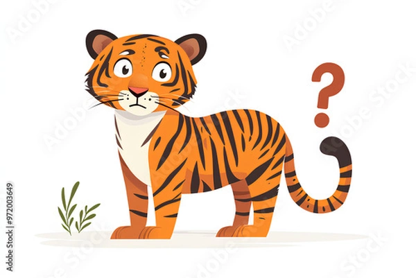 Fototapeta A cartoon tiger stands curiously with a question mark, suggesting wonder or inquiry.