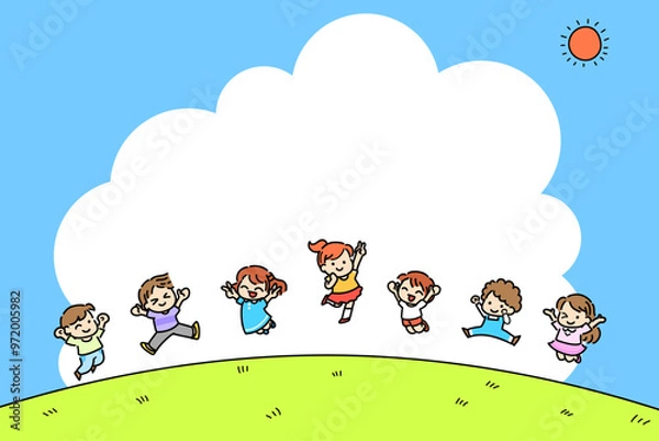 Fototapeta 子供　ジャンプ　外　楽しい　コピースペース