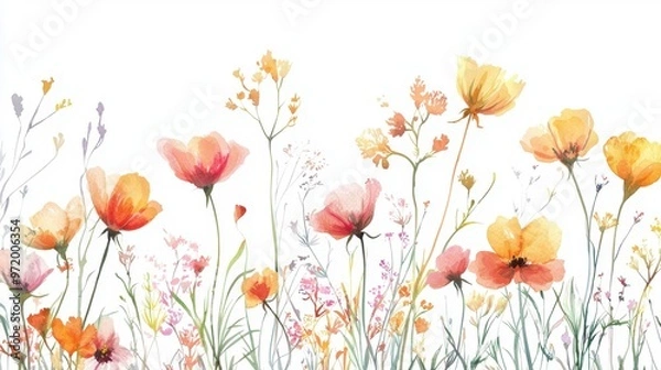 Fototapeta A vibrant watercolor illustration showcasing delicate flowers in soft hues, perfect for home decor or artistic projects.