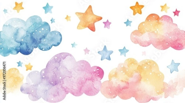 Fototapeta A whimsical watercolor illustration of colorful clouds and stars, perfect for dreamy designs and children's themes.