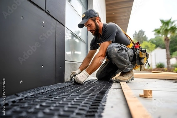 Fototapeta Construction worker installing drainage system.