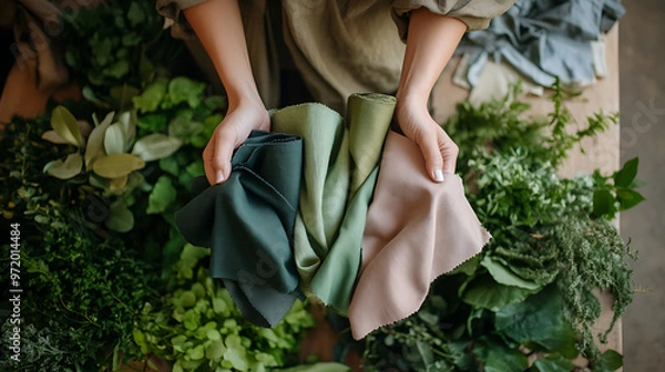 Obraz A fashion designer holding up fabric swatches of natural dyes and sustainable materials with their studio filled with greenery and sustainable design elements