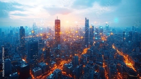 Fototapeta A modern city seen from above, glowing with data cables and wireless signals connecting skyscrapers, roads, and digital infrastructure.