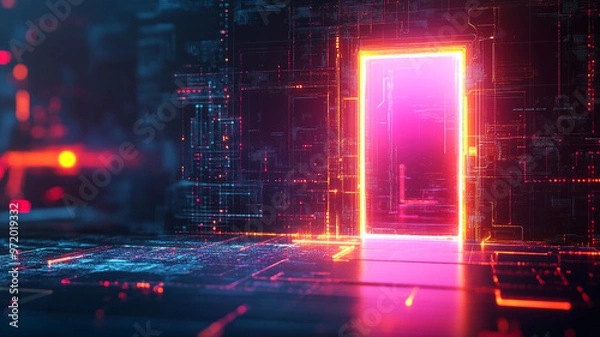 Obraz A glowing digital door stands open in a futuristic cyber landscape at night