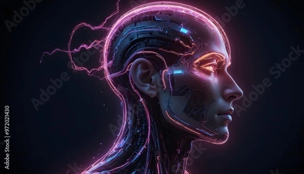 Fototapeta A neon glowing futuristic cyborg head with visible circuitry and wires, against a dark background