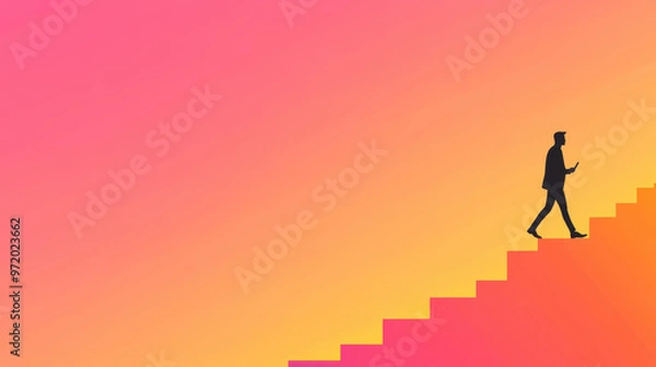 Fototapeta A determined professional ascends stairs, symbolizing ambition and growth in his career during a stunning sunset backdrop.
