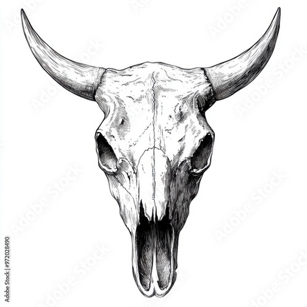 Fototapeta Black and white Vintage engraved art of a cow skull, isolated on white background, ink sketch illustration, simple vector art design, highly detailed line art, high contrasty 