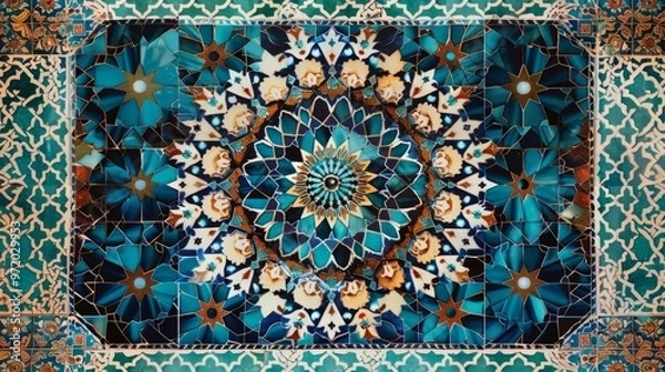 Fototapeta Traditional Persian mosaic wall with geometric ornaments in square frame with colorful ceramic tiles generative ai