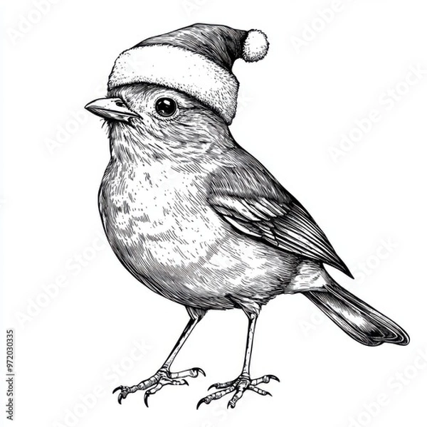 Obraz Black and white Vintage engraved art of a Robin with a Christmas Santa hat, isolated on white background, ink sketch illustration, simple vector art design, highly detailed line art, high contrasty