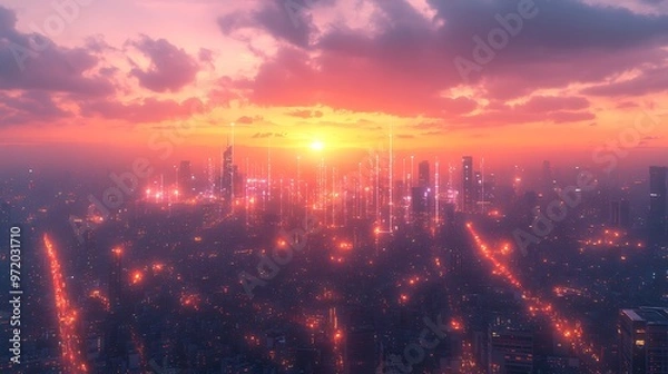 Fototapeta A modern cityscape glowing with digital energy as the sun sets, with illuminated data streams connecting wireless towers and smart homes. The sunset creates a vibrant sky of pink, orange, and purple,