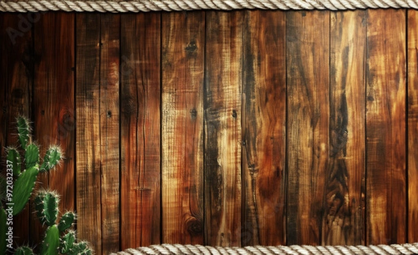 Fototapeta A Wild West theme background with rustic wood planks, a rope and a cactus. Vintage spaghetti western slide backdrop with a cowboy theme