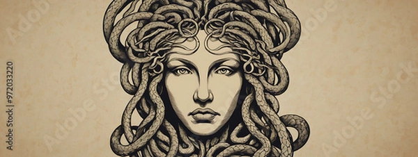 Fototapeta A simple design of Medusa's head with abstract snakes, symbolizing fear and transformation from Greek mythology, set against a plain backdrop with copy space.