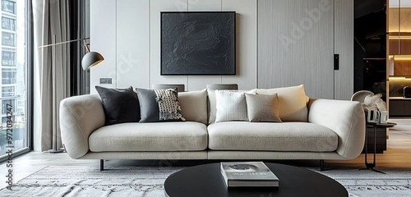 Fototapeta Stylish apartment featuring a cozy sofa and modern furnishings for comfort.