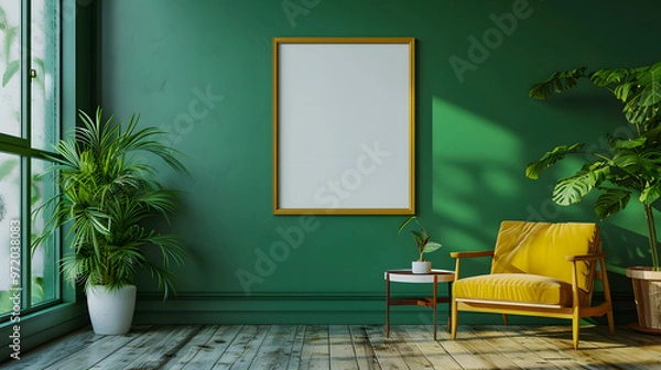 Fototapeta Mockup poster frame in minimalist interior background with dark green wall