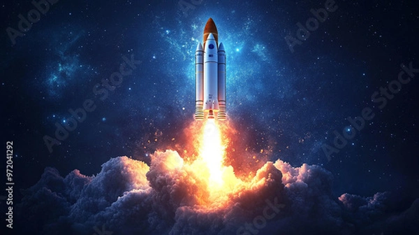 Fototapeta space rocket launches with a burst of flames against the night sky, symbolizing ambition, progress, and the power of human ingenuity