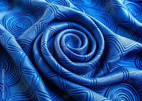 Fototapeta Cobalt blue patterned fabric with geometric shapes and swirling lines, textured and layered for a tactile sense of depth and dimensionality.