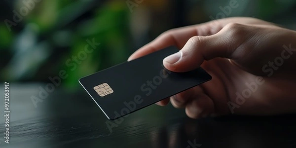 Fototapeta A close-up of a hand holding a sleek black credit card with a chip, representing modern finance and luxury payment methods.